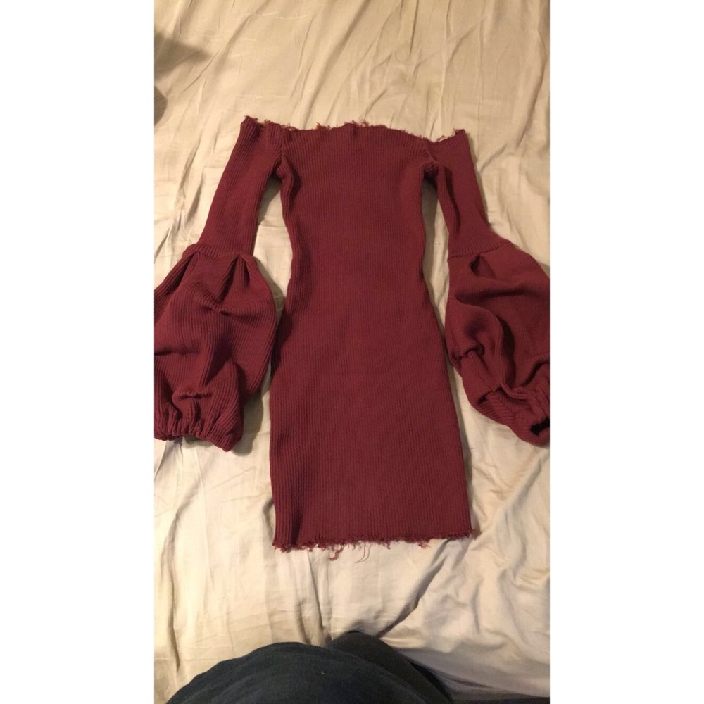 Burgundy Off Shoulder Poof Sleeve Sweater Dress